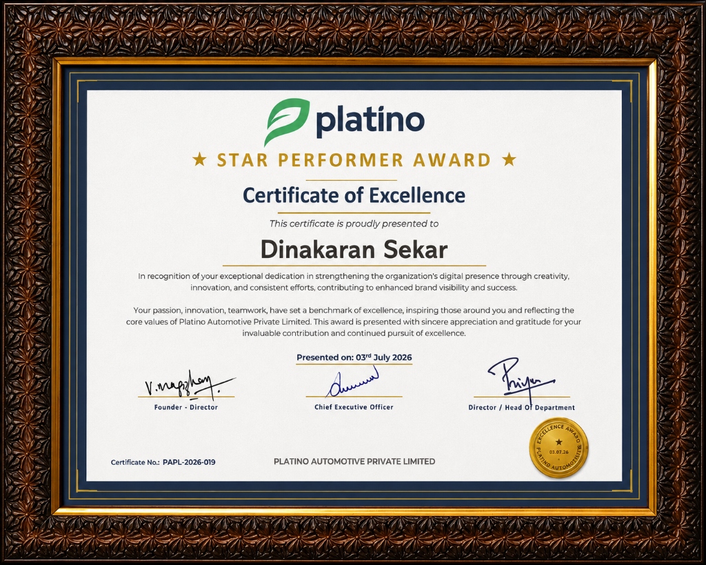 Platino Star Performer Award - Certificate of Excellence - Dinakaran Sekar