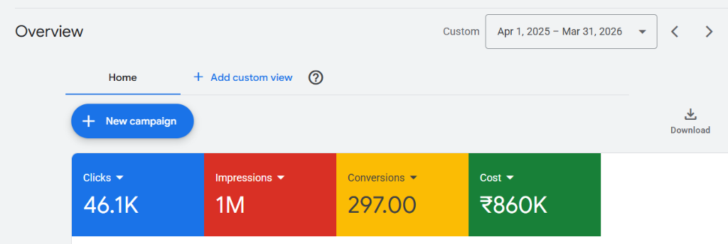 Google Ads Campaign Overview Dashboard Proof (April 2025 – March 2026)